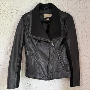 Michael Michael Kors Black Leather Moto Jacket Womens Small Rib Knit Asymmetric